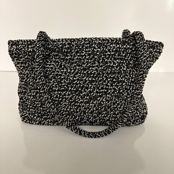 The Sak Black White Crochet Knit Small Purse Double Handles Lined Top Zipper - Picture 6 of 7